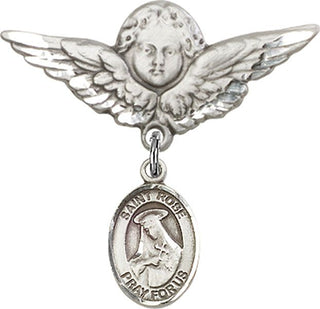 Sterling Silver Large Angel w/Wings St. Rose of Lima Baby Badge - Engravable