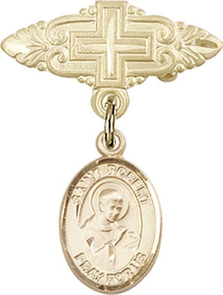 14kt Gold Badge Pin With Cross St. Robert Bellarmine Baby Badge - Engravable