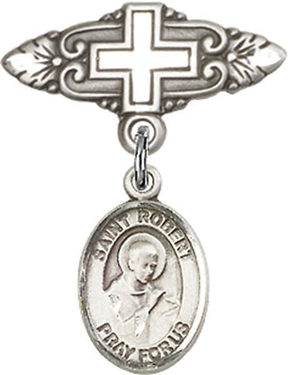 Sterling Silver Badge Pin With Cross St. Robert Bellarmine Baby Badge - Engravable