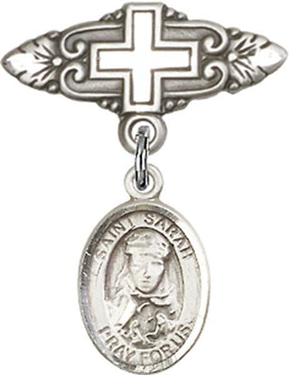 Sterling Silver Badge Pin With Cross St. Sarah Baby Badge - Engravable