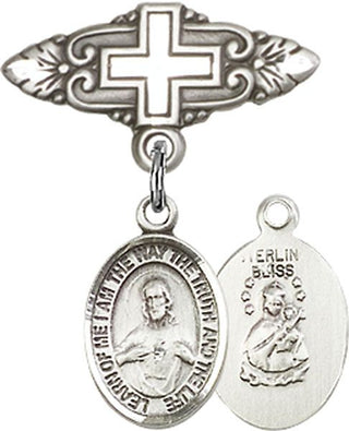 Sterling Silver Badge Pin With Cross Scapular Baby Badge - Engravable