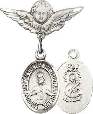 Sterling Silver Small Angel w/Wings Scapular Baby Badge - Engravable