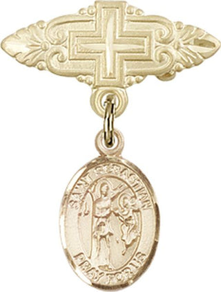 14kt Gold Badge Pin With Cross St. Sebastian Baby Badge - Engravable