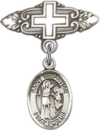 Sterling Silver Badge Pin With Cross St. Sebastian Baby Badge - Engravable