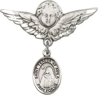 Sterling Silver Large Angel w/Wings St. Teresa of Avila Baby Badge - Engravable