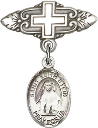 Sterling Silver Badge Pin With Cross St. Edith Stein Baby Badge - Engravable