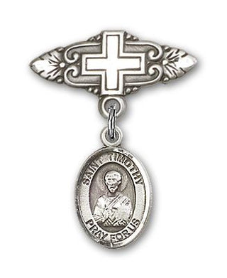 Sterling Silver Badge Pin With Cross St. Timothy Baby Badge - Engravable