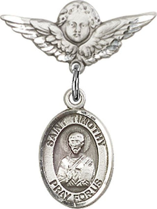 Sterling Silver Small Angel w/Wings St. Timothy Baby Badge - Engravable