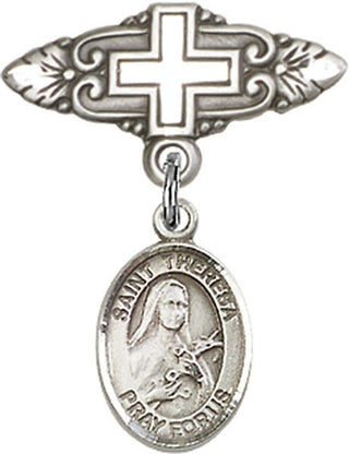 Sterling Silver Badge Pin With Cross St. Theresa Baby Badge - Engravable