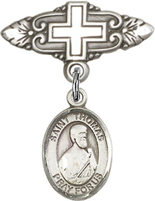Sterling Silver Badge Pin With Cross St. Thomas the Apostle Baby Badge - Engravable