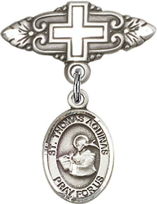 Sterling Silver Badge Pin With Cross St. Thomas Aquinas Baby Badge - Engravable