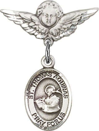 Sterling Silver Small Angel w/Wings St. Thomas Aquinas Baby Badge - Engravable