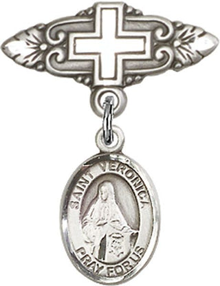 Sterling Silver Badge Pin With Cross St. Veronica Baby Badge - Engravable