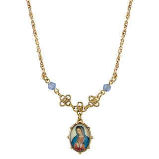 Gold-Tone Light Blue Our Lady of Guadalupe Pendant Necklace