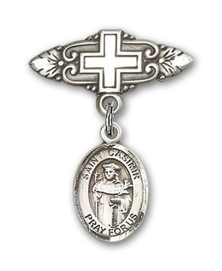 Sterling Silver Badge Pin With Cross St. Casimir of Poland Baby Badge - Engravable