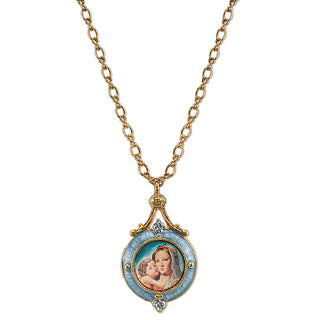 14K Gold-Dipped Blue Enamel Mary and Child Locket Necklace
