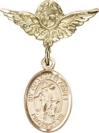 14kt Gold Filled Small Angel w/Wings Guardian Angel w/Child Baby Badge - Engravable