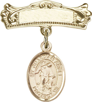 14kt Gold Badge Pin Guardian Angel w/Child Baby Badge - Engravable