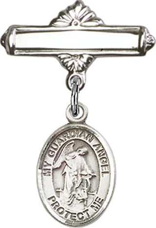 Sterling Silver Polished Badge Pin Guardian Angel w/Child Baby Badge - Engravable