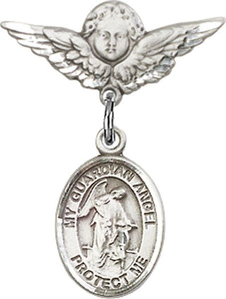 Sterling Silver Small Angel w/Wings Guardian Angel w/Child Baby Badge - Engravable