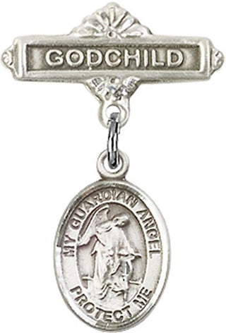 Sterling Silver Godchild Guardian Angel w/Child Baby Badge - Engravable