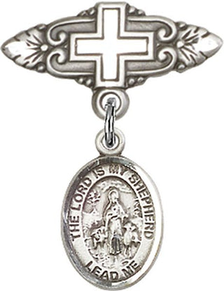 Sterling Silver Badge Pin With Cross Lord Is My Shepherd Baby Badge - Engravable