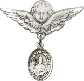 Sterling Silver Large Angel w/Wings St. Leo the Great Baby Badge - Engravable