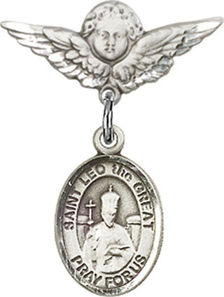 Sterling Silver Small Angel w/Wings St. Leo the Great Baby Badge - Engravable