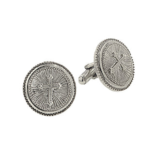 Silver-Tone Cross Round Cuff Links