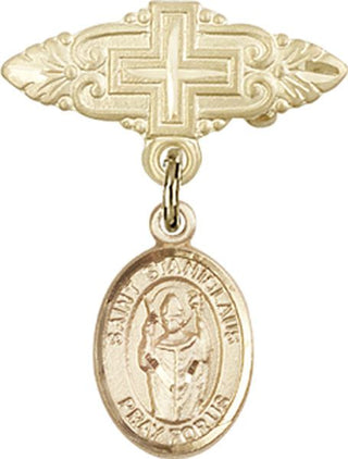 14kt Gold Filled Badge Pin With Cross St. Stanislaus Baby Badge - Engravable