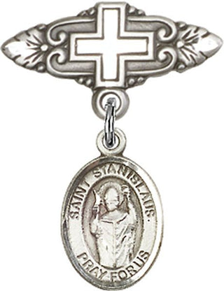 Sterling Silver Badge Pin With Cross St. Stanislaus Baby Badge - Engravable