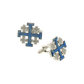 Silver-Tone Blue Enamel Jerusalem Cross Cuff Links - SALE