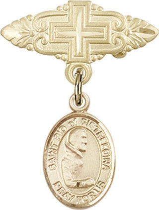 14kt Gold Badge Pin With Cross St. Pio of Pietrelcina Baby Badge - Engravable