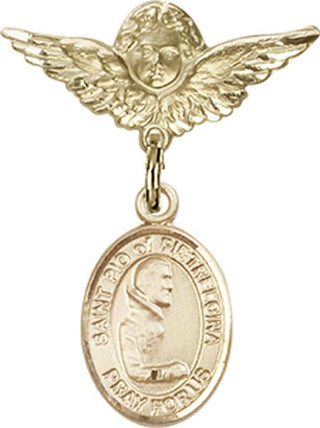 14kt Gold Small Angel w/Wings St. Pio of Pietrelcina Baby Badge - Engravable