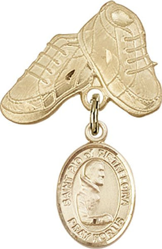 14kt Gold Baby Boots St. Pio of Pietrelcina Baby Badge - Engravable