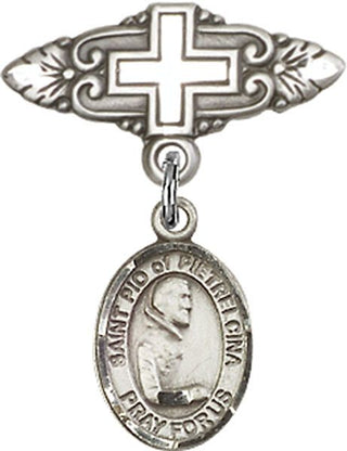 Sterling Silver Badge Pin With Cross St. Pio of Pietrelcina Baby Badge - Engravable