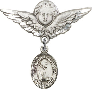 Sterling Silver Large Angel w/Wings St. Pio of Pietrelcina Baby Badge - Engravable
