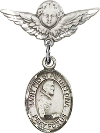 Sterling Silver Small Angel w/Wings St. Pio of Pietrelcina Baby Badge - Engravable