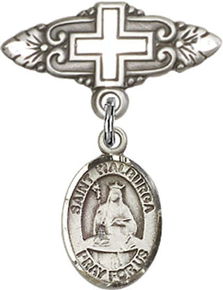 Sterling Silver Badge Pin With Cross St. Walburga Baby Badge - Engravable