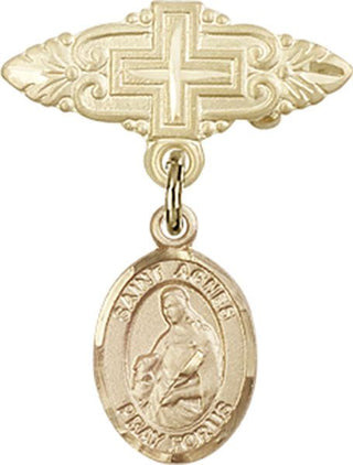 14kt Gold Badge Pin With Cross St. Agnes of Rome Baby Badge - Engravable