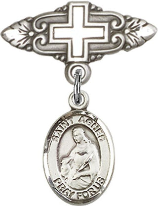 Sterling Silver Badge Pin With Cross St. Agnes of Rome Baby Badge - Engravable