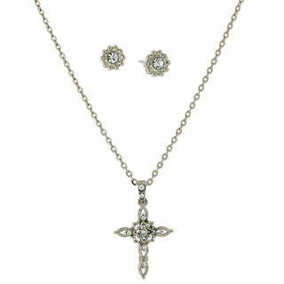 Silver-Tone Crystal Cross Necklace and Earrings Set