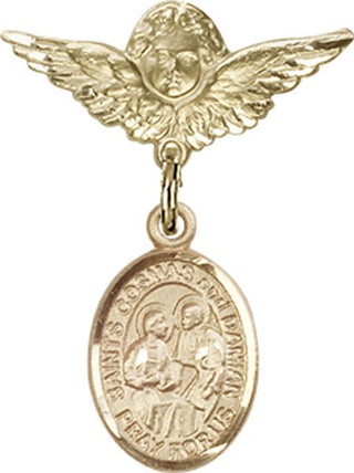14kt Gold Small Angel w/Wings Sts. Cosmas & Damian Baby Badge - Engravable