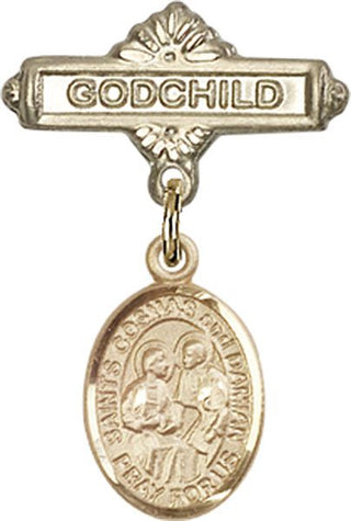 14kt Gold Godchild Sts. Cosmas & Damian Baby Badge - Engravable