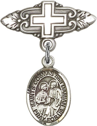 Sterling Silver Badge Pin With Cross Sts. Cosmas & Damian Baby Badge - Engravable