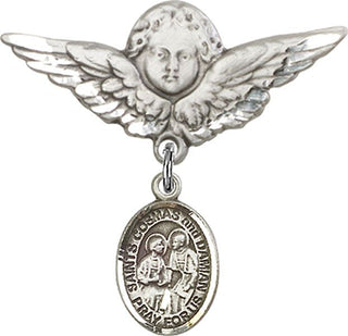 Sterling Silver Large Angel w/Wings Sts. Cosmas & Damian Baby Badge - Engravable