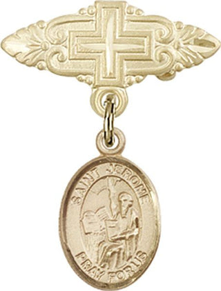 14kt Gold Badge Pin With Cross St. Jerome Baby Badge - Engravable