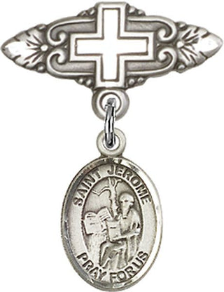 Sterling Silver Badge Pin With Cross St. Jerome Baby Badge - Engravable