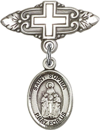 Sterling Silver Badge Pin With Cross St. Sophia Baby Badge - Engravable