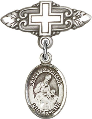 Sterling Silver Badge Pin With Cross St. Ambrose Baby Badge - Engravable